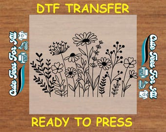 Wildflower Meadow DTF Transfer Black Outline Botanical Ready to Press Iron On DTF Heat Transfer DIY Boho Fall Shirts for Garden Lovers