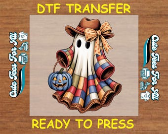 Halloween DTF Transfer – Ready to Press Iron On Heat Transfer Quilt Patch Ghost with Cowboy Hat and Pumpkin Decal for DIY Shirts