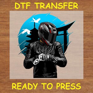 Motorcycle DTF Transfer Iron On Heat Transfer - Ready to Press Hot Peel, Biker with Japanese Pagoda and Torii Gate Design
