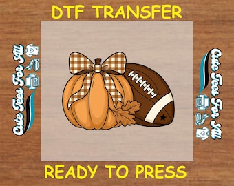 Fall DTF Transfer – Ready to Press Iron On Heat Transfer Pumpkin with Gingham Bow and Football Decal for DIY Thanksgiving Shirts