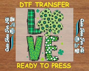 St. Patrick’s Day DTF Transfer – Love Shamrock Plaid Green Design Iron On Heat Transfer Decal Ready to Press DTF for DIY Irish Shirts