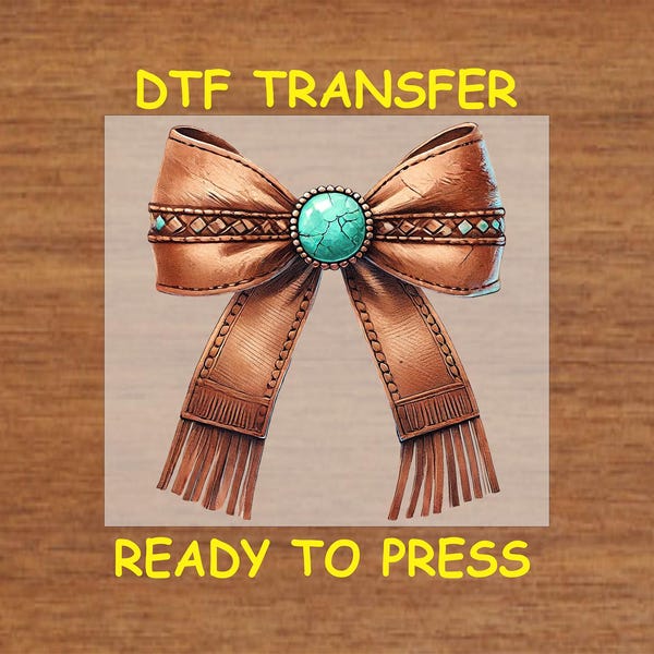 Transferencia térmica DTF Western, lista para planchar, con lazo turquesa de cuero. Estampado Western para camisetas DIY.