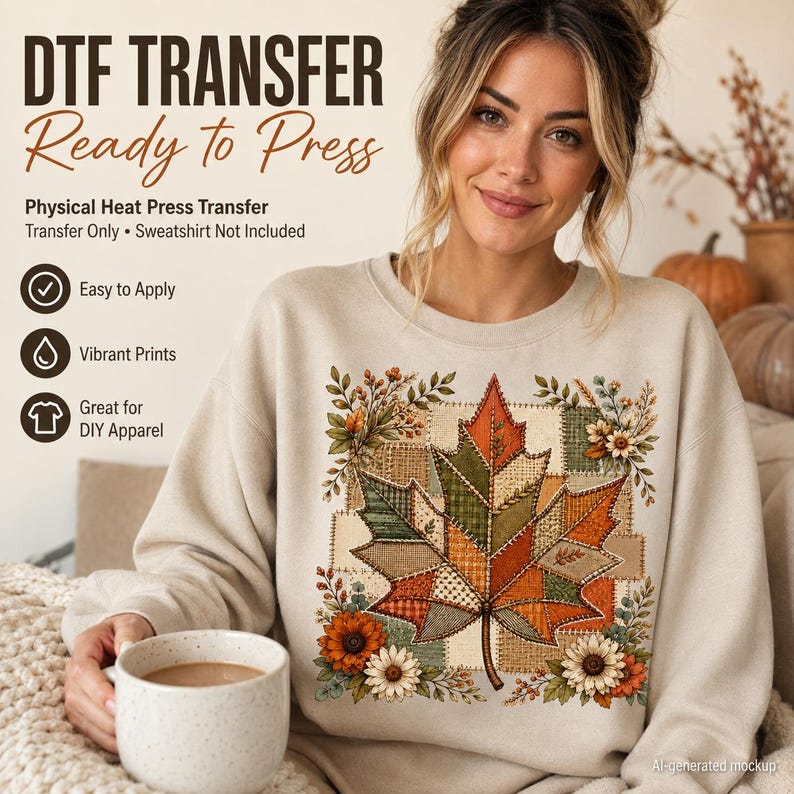 Fall Maple Leaf DTF Transfer – Patchwork Autumn Floral Iron On Heat Transfer Decal Ready to Press for DIY Shirts