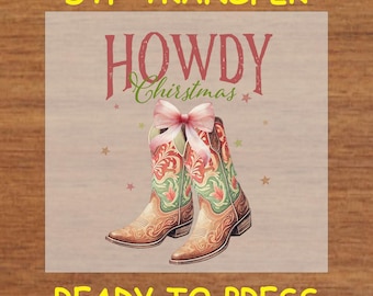 Christmas DTF Transfer Iron On Heat Transfer - Ready to Press Hot Peel, Howdy Christmas Festive Western Design