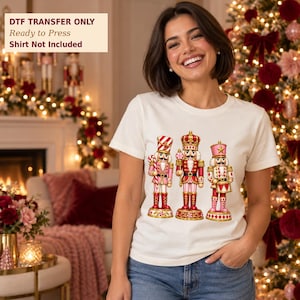 Christmas Nutcracker DTF Transfer, Pink Red and Gold Nutcracker Trio with Candy Cane, Iron On Heat Transfer Decal Ready to Press