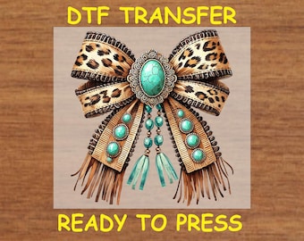 Western DTF Transfer Iron On Heat Transfer - Ready to Press, Leopard Turquoise Bow DTF Transfer - Ready to Press Western Print DIY Shirt