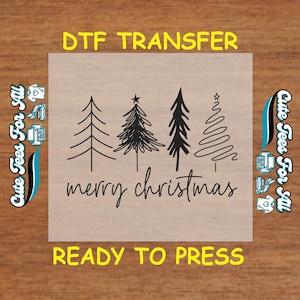 Minimalist Merry Christmas Tree DTF Heat Transfer Iron On Decal Ready to Press for DIY Shirts Holiday Apparel and Winter Crafting