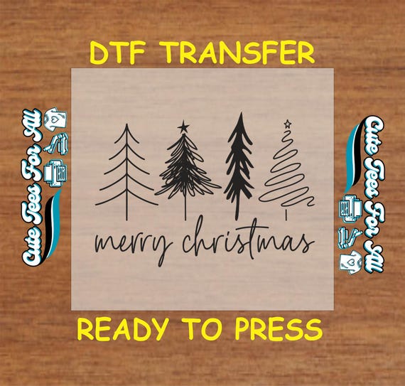 Minimalist Merry Christmas Tree DTF Heat Transfer Iron On Decal Ready to Press for DIY Shirts Holiday Apparel and Winter Crafting