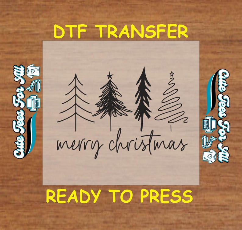 Minimalist Merry Christmas Tree DTF Heat Transfer Iron On Decal Ready to Press for DIY Shirts Holiday Apparel and Winter Crafting