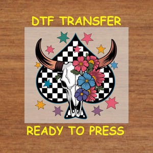 Western DTF Transfer Iron On Heat Transfer - Ready to Press, Floral Longhorn Skull DTF Transfer - Ready to Press Western Print DIY Shirt