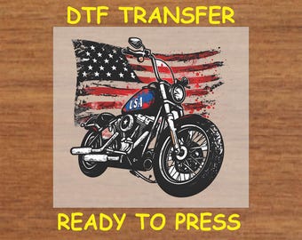 4th Of July DTF Transfer Iron On Heat Transfer - USA Motorcycle With American Flag  DTF Transfer - Ready to Press for Independence Day Shirt