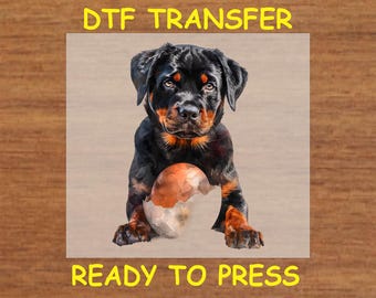 May include: A black and brown Rottweiler puppy holding a brown and white speckled egg in its mouth. The image is labeled "DTF TRANSFER READY TO PRESS".