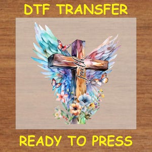 Religious DTF Transfer Iron On Heat Transfer - Ready to Press Hot Peel, Faith Cross Religious DTF Transfer - Butterfly and Angel Design