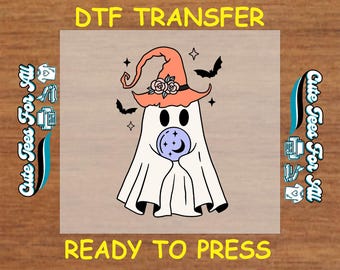Halloween DTF Transfer – Ready to Press Iron On Heat Transfer Witch Ghost with Crystal Ball and Bats Decal for DIY Cute Halloween Shirts