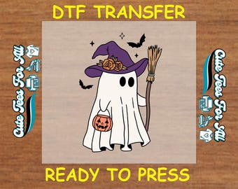 Halloween DTF Transfer – Ready to Press Iron On Heat Transfer Witch Ghost with Broom and Pumpkin Pail Decal for DIY Cute Halloween Shirts