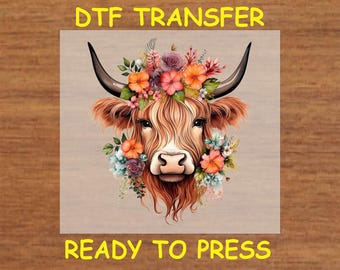 Western DTF Transfer Iron On Heat Transfer - Ready to Press, Floral Highland Cow DTF Transfer - Ready to Press Country Western Print DIY