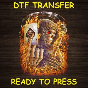 Fiery Reaper Skull DTF Transfer Iron On Heat Transfer - Ready to Press Hot Peel, Grim Reaper DTF Transfer - Skeleton Design