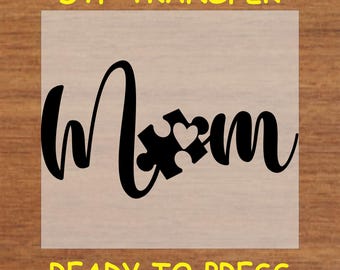Autism Mom DTF Transfer Iron On Heat Transfer - Ready to Press Hot Peel, Heart Puzzle Piece Design