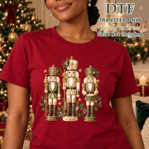 Christmas Nutcracker DTF Transfer, Green and Gold Soldier Trio with Holly, Iron On Heat Transfer Decal Ready to Press