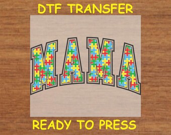 Mom DTF Transfer Iron On Heat Transfer - Ready to Press, Mama Puzzle Piece DTF Transfer - Ready to Press Autism Awareness Mom DIY Shirt
