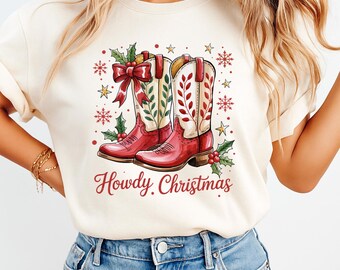 Western Christmas Tee with Holiday Cowboy Boots – Cute Southern Shirt for Festive Winter Gifting