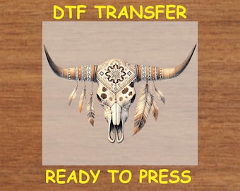 Western DTF Transfer Iron On Heat Transfer - Ready to Press, Western Longhorn Skull DTF Transfer - Ready to Press Country Western Print DIY