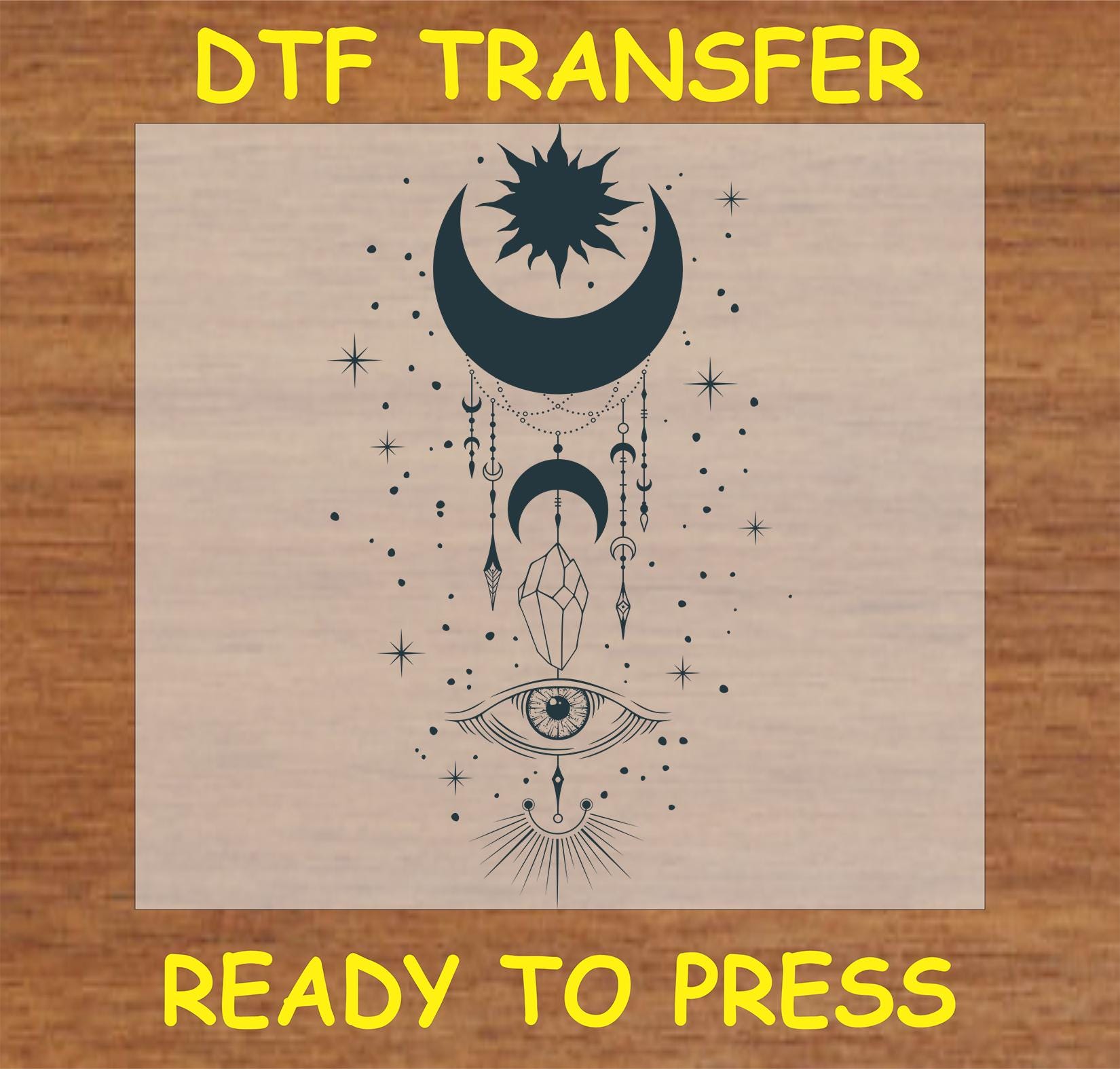 Boho Mystical DTF Transfer Iron On Heat Transfer - Crescent Moon, Eye, and Crystal Design
