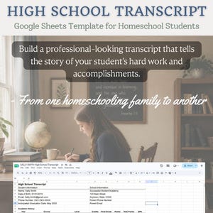 May include: A digital Google Sheets template for a high school transcript. The document includes sections for student and school information, academic history, course titles, credits, grades, and GPA calculations for a homeschool student.