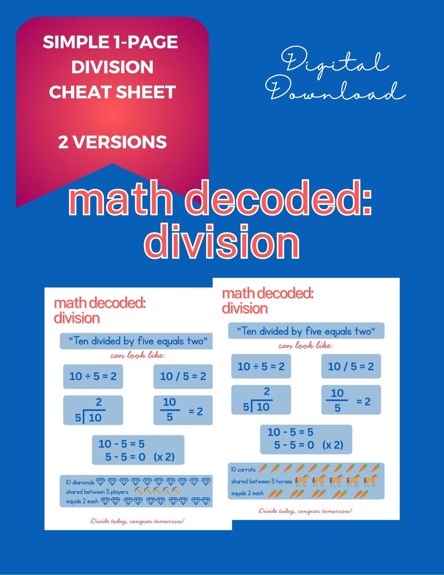 Division Cheats Math Division Cheat Sheet - Digital Download - Elementary and Middle School ...
