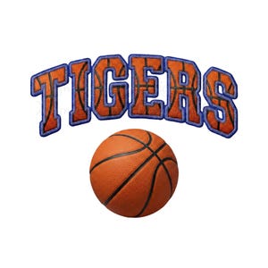 Tigers Basketball PNG | Faux Chenille Patch Sublimation Design | Retro Varsity Mascot Graphic | Blue & Orange Sports Shirt Digital Download