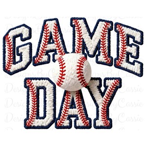 Może przedstawiać: Projekt w tematyce baseballu ze słowami "GAME DAY" w kolorze białym, obrysowanymi granatowym kolorem i przeszytymi czerwoną nicią. Piłka do baseballu jest wyśrodkowana w projekcie. Obraz jest na białym tle.