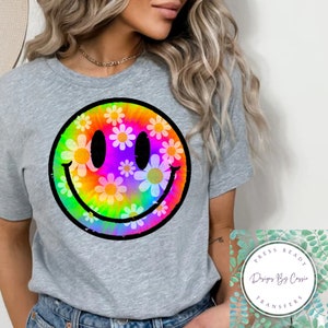Daisy Tie-Dye Smiley Face T-Shirt Transfer- (DTF or Sublimation)- Ready to Press- All Sizes