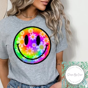 Daisy Tie-Dye Smiley Face T-Shirt Transfer- (DTF or Sublimation)- Ready to Press- All Sizes