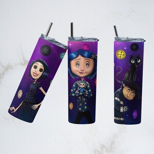 May include: Three stainless steel tumblers with illustrations from the animated film Coraline. Each tumbler features a different character against a purple starry background with button accents. The tumblers have silver straws and black lids.