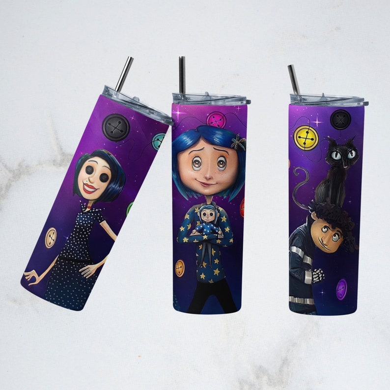 May include: Three stainless steel tumblers with illustrations from the animated film Coraline. Each tumbler features a different character against a purple starry background with button accents. The tumblers have silver straws and black lids.