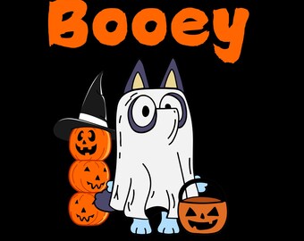 May include: A cartoon ghost dog wearing a witch's hat and holding a pumpkin bucket. The dog is wearing a white ghost costume and has blue eyes. The text "Booey" is written in orange letters above the dog.