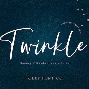 Peut inclure: Une police d'écriture moderne appelée "Twinkle" en texte blanc sur un fond bleu foncé avec des paillettes dorées. Le texte dit "Twinkle" et "Bouncy / Handwritten / Script" et "RILEY FONT CO."