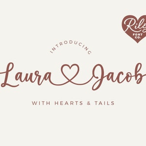 Fuente Laura Jacob: fuente de corazón para Cricut, corazones de unión gruesa, corazones y colas, swashes, script romántico y alegre para bodas, SVG, Procreate