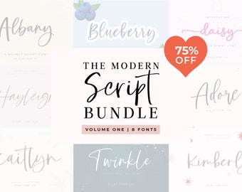 May include: A collection of eight modern script fonts, including Albany, Blueberry, Daisy, Hayley, Adore, Kaitlyn, Twinkle, and Kimberly. The fonts are displayed in a colorful collage with a 75% off sale announcement.