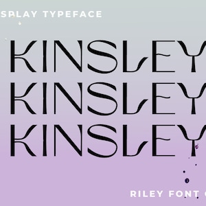 May include: A display typeface called "Kinsley" in black text on a gradient background of light blue to purple. The text is repeated three times. The text "Riley Font Co." is at the bottom of the image.