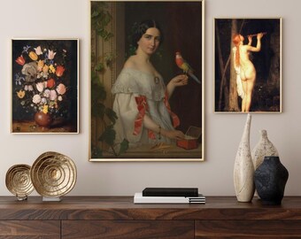 Girl with Parakeet Art Print: Victorian Botanist Wall Decor (8x10" Digital Download)