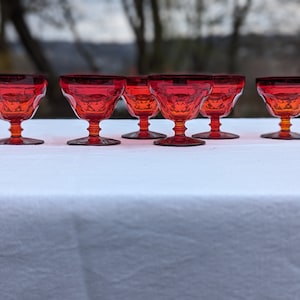 Ruby Fire Sherbet Glasses, Cocktail Snifters, Vintage Dessert Glasses, Ruby Red depression glass, 1960s vintage glass tableware set of 6