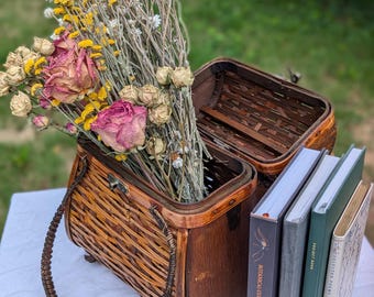 Vintage Woven Market Basket, Locking Clasp, Handles