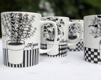 Fitz & Floyd Herb Coffee Mugs: Vintage Black and White Cup Set