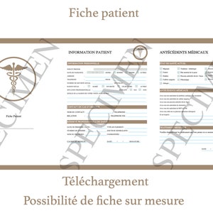 Op de afbeelding: Een bruin en wit medisch patiënteninformatieformulier met een caduceussymbool in de linkerbovenhoek. Het formulier is getiteld "Fiche patient" en bevat secties voor persoonlijke informatie, contactgegevens, medische geschiedenis en behandelingsinformatie.