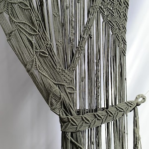 Olive Green Macrame Curtain Set With Tieback, Leaf Boho Door Curtain,Wall Hanging Doorway Decor,Handmade Backdrop,Window Valance