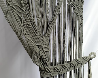 Olive Green Macrame Curtain Set With Tieback, Leaf Boho Door Curtain,Wall Hanging Doorway Decor,Handmade Backdrop,Window Valance