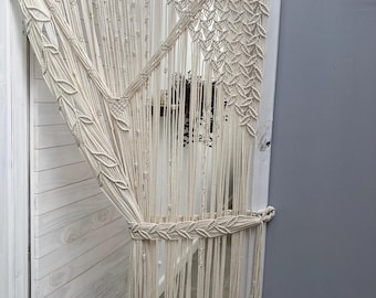Leaf macrame door or window curtain with asymmetric pattern.Bohemian doorway panel.Handmade beaded room divider.Vintage modern hanging decor