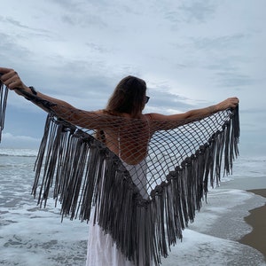 Macrame shawl,Open weave grey tan shawl,Handmade large fringed shawl,Formal evening wrap,Boho festival shawl, Great gift for her,Piano shawl