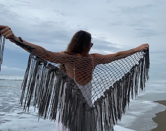 Macrame shawl,Open weave grey tan shawl,Handmade large fringed shawl,Formal evening wrap,Boho festival shawl, Great gift for her,Piano shawl